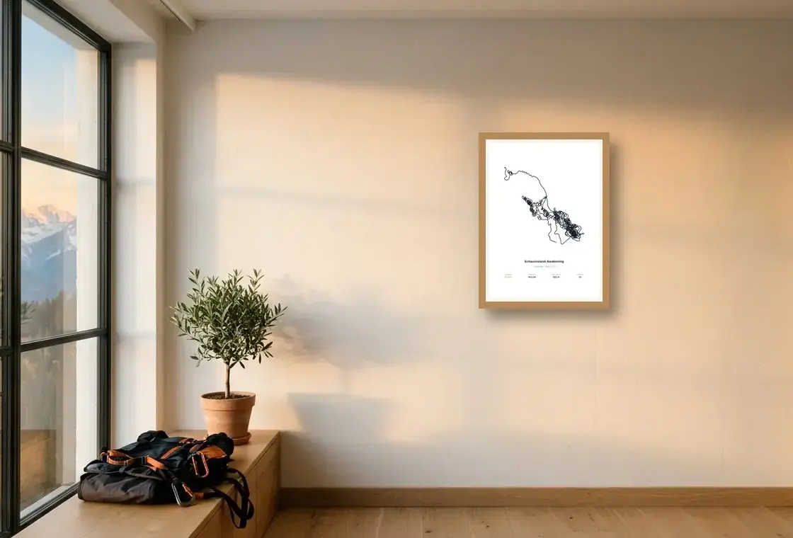 A real Flight Art poster in an illustrative alpine apartment at golden hour.
