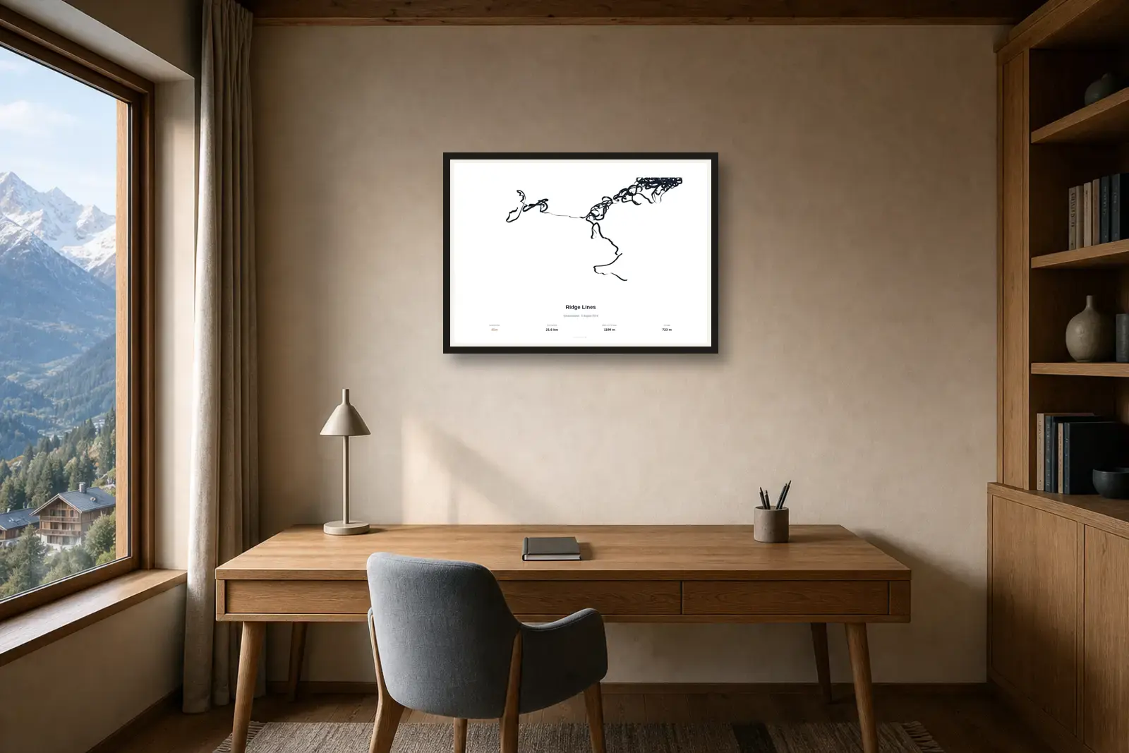 A Flight Art altitude-sculpture poster above an oak home-office desk.