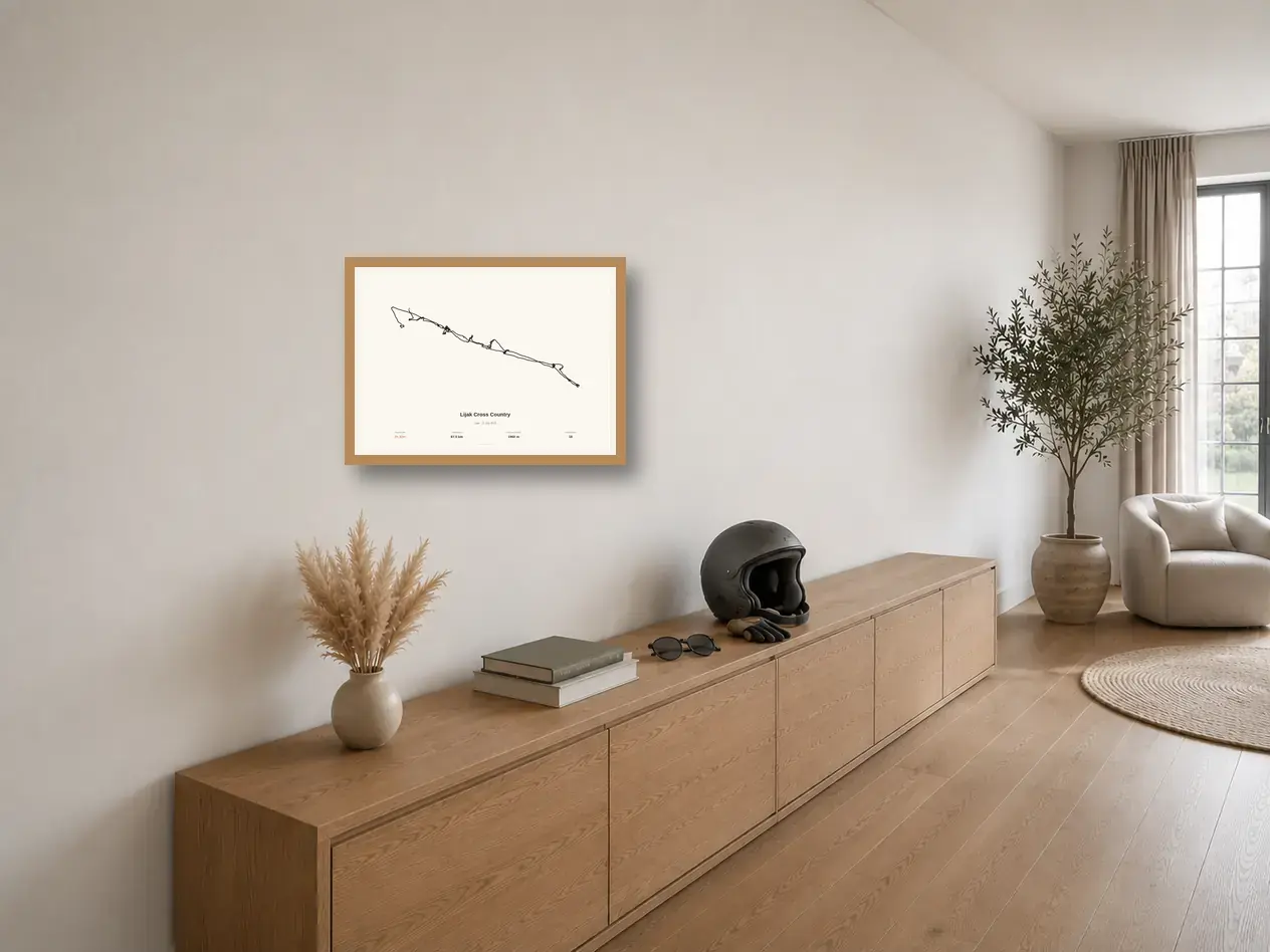 A warm landscape Flight Art poster on an angled Scandinavian living-room wall.
